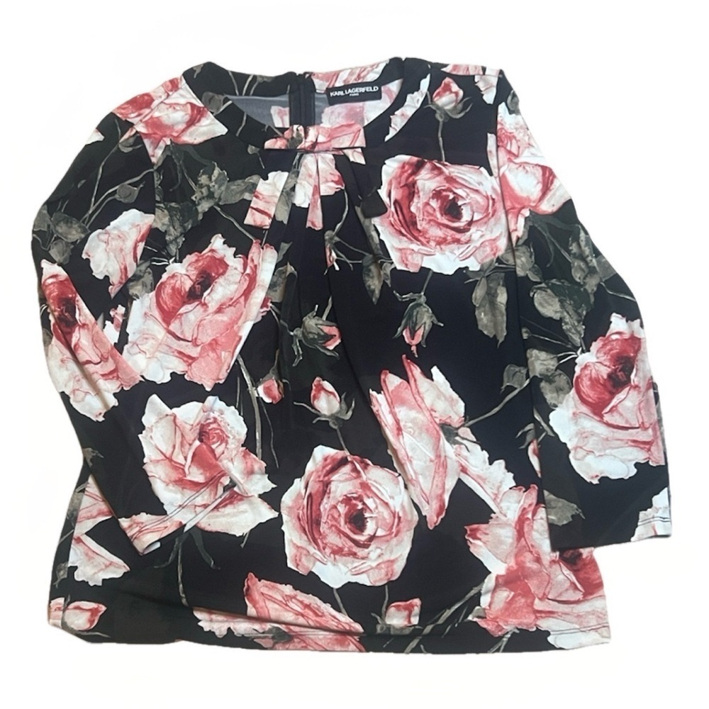 Karl Lagerfeld Black and Pink Rose Stretch Blouse with Bow and Zipper sz est L